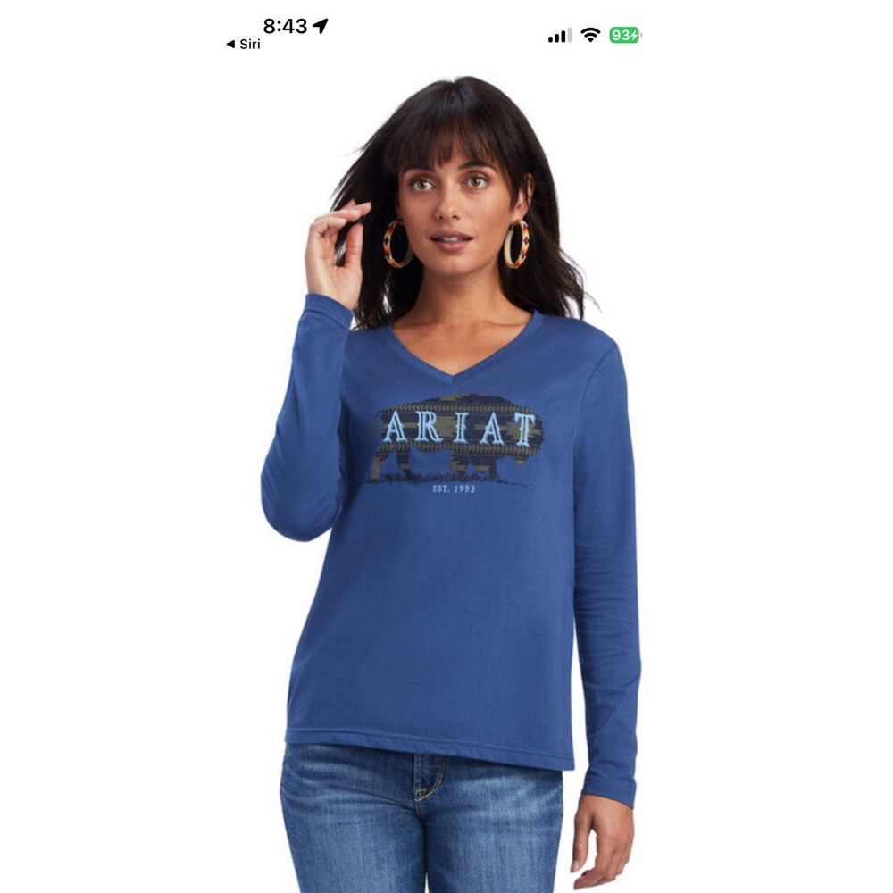 Ariat Women'steal Chest Logo Buffalo Graphic T-Shirt Navy Blue Long Slv  L/Large
